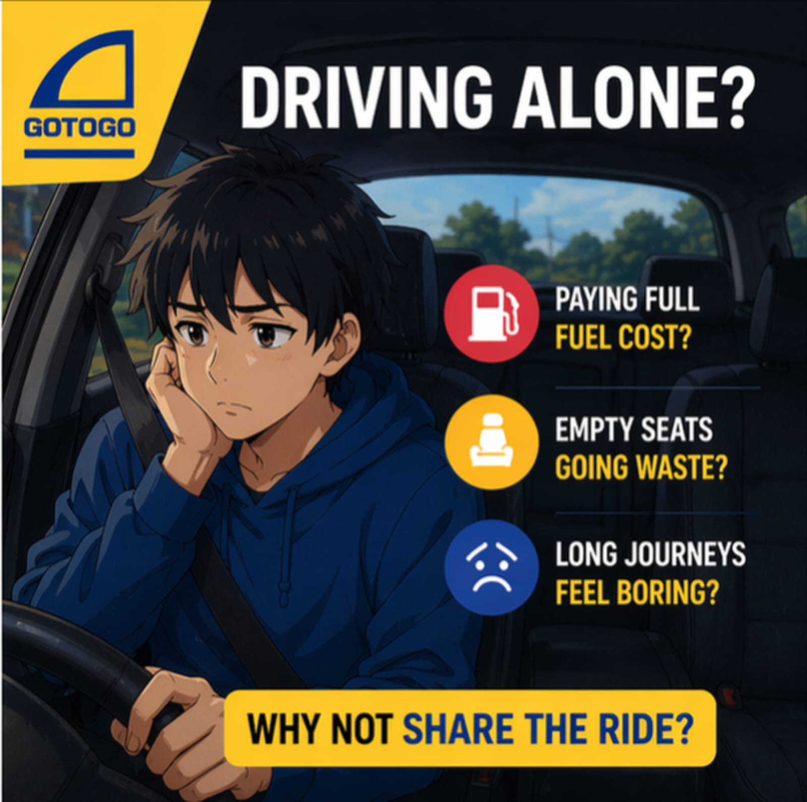 Driving alone poster about fuel cost empty seats and long journeys